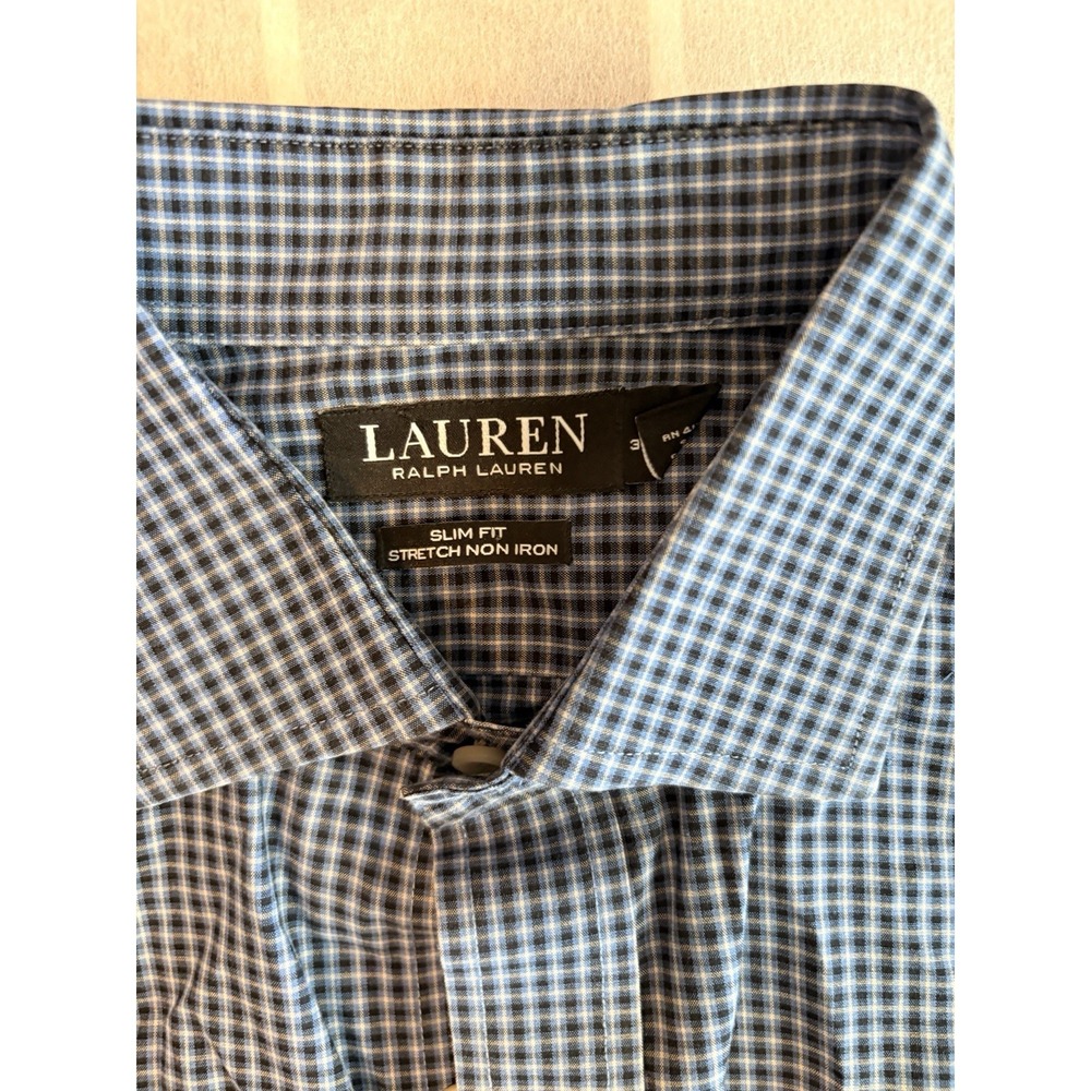 Ralph Lauren Black Label Men's Sz 16 Slim Fit Blue Gingham Long Sleeve Shirt